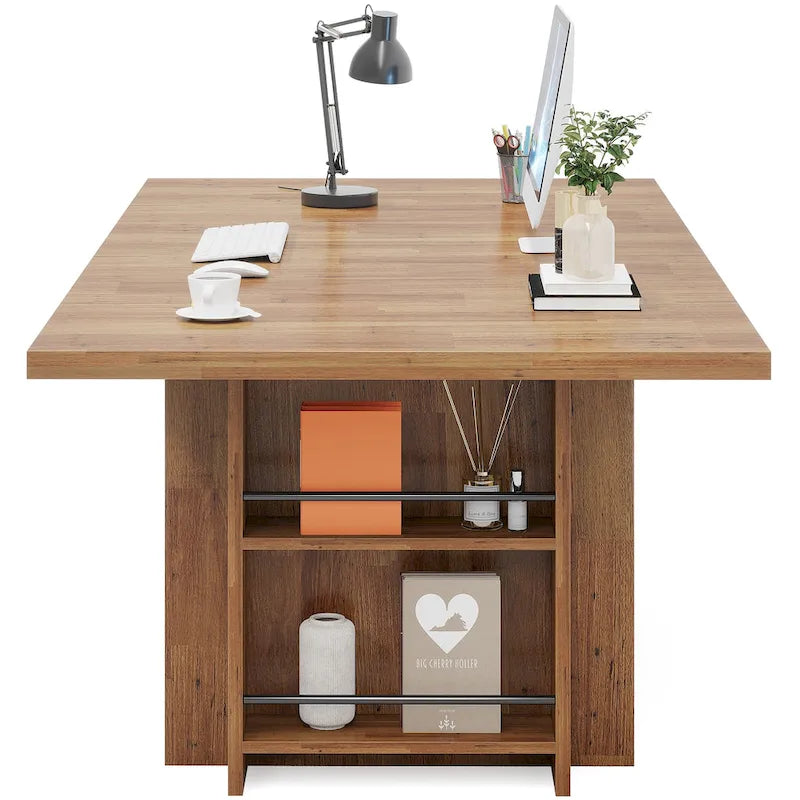 Grand Bureau 1 Personne avec Étagères de Rangement, en Bois Naturel/Noyer/Marron