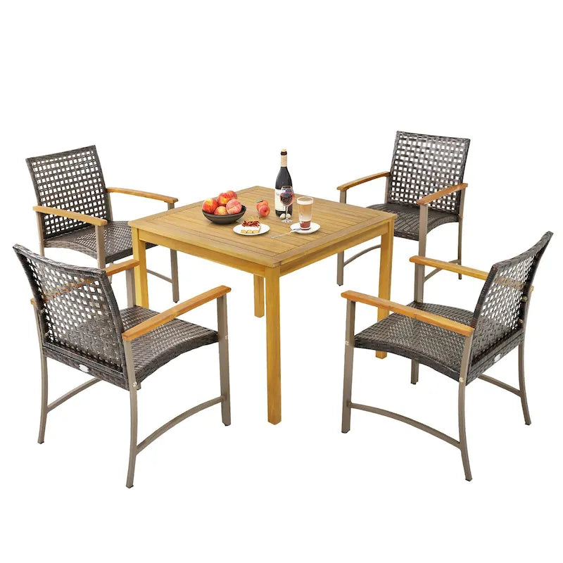 Gymax Ensemble repas de patio 5 pièces table en bois d'acacia avec trou pour parasol de 1,9 po