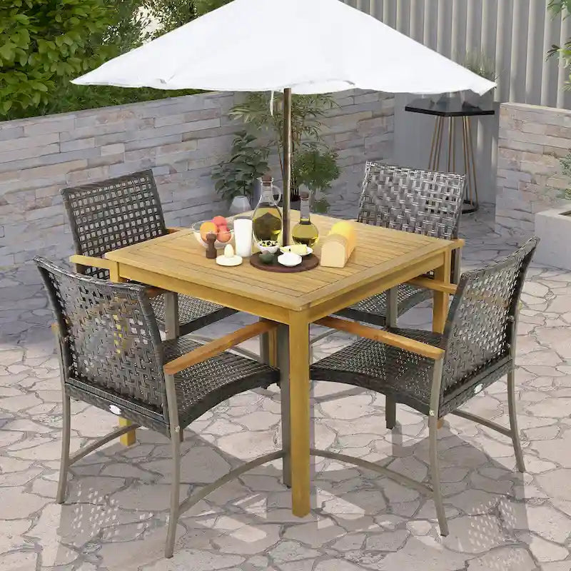 Gymax Ensemble repas de patio 5 pièces table en bois d'acacia avec trou pour parasol de 1,9 po