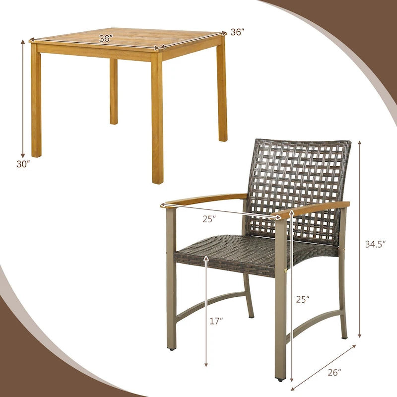 Gymax Ensemble repas de patio 5 pièces table en bois d'acacia avec trou pour parasol de 1,9 po