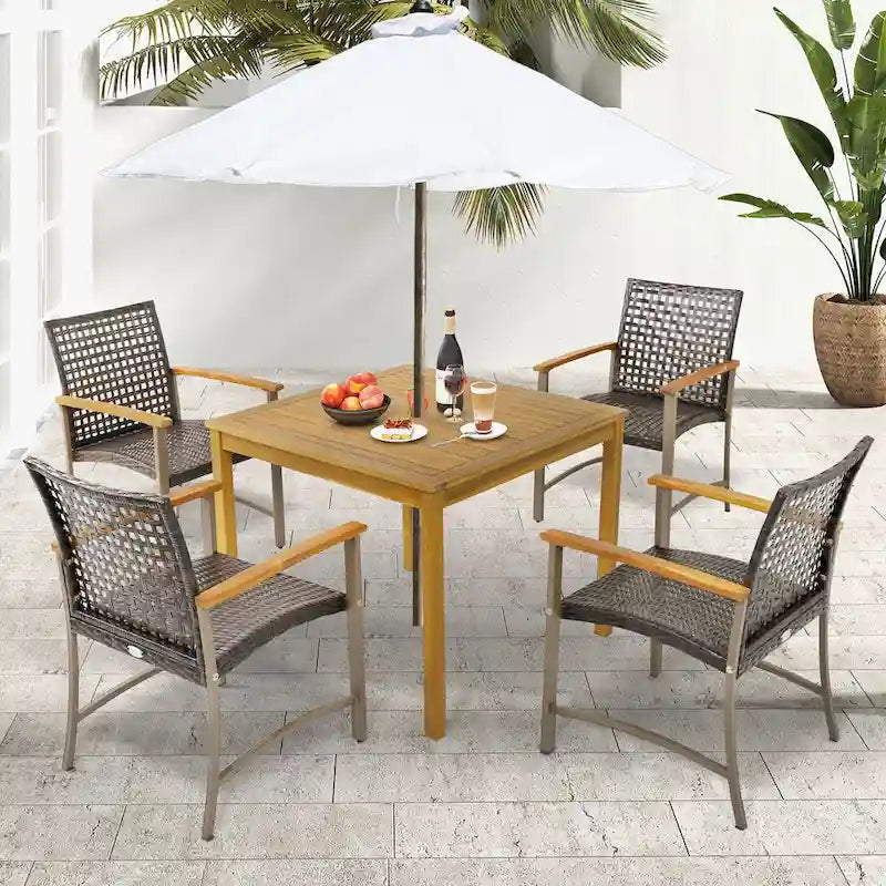Gymax Ensemble repas de patio 5 pièces table en bois d'acacia avec trou pour parasol de 1,9 po