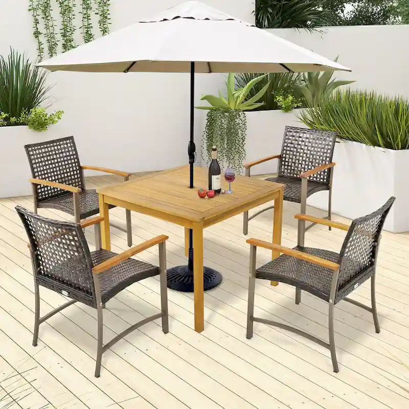 Gymax Ensemble repas de patio 5 pièces table en bois d'acacia avec trou pour parasol de 1,9 po