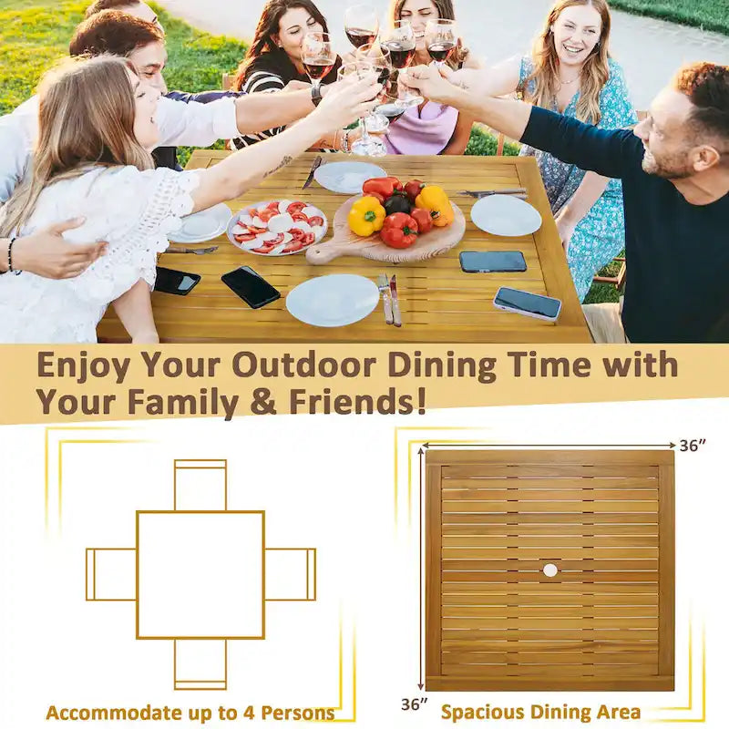 Gymax Ensemble repas de patio 5 pièces table en bois d'acacia avec trou pour parasol de 1,9 po