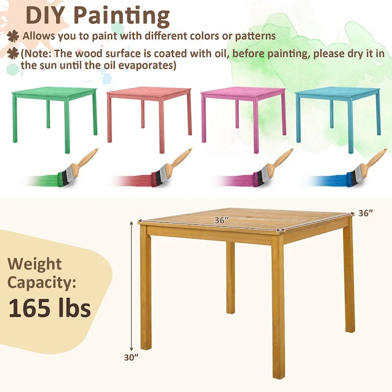 Gymax Ensemble repas de patio 5 pièces table en bois d'acacia avec trou pour parasol de 1,9 po