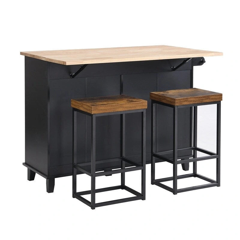 Ensemble d'îlot de cuisine style ferme avec table à abattant, deux sièges, armoire de rangement, tiroirs et porte-serviettes