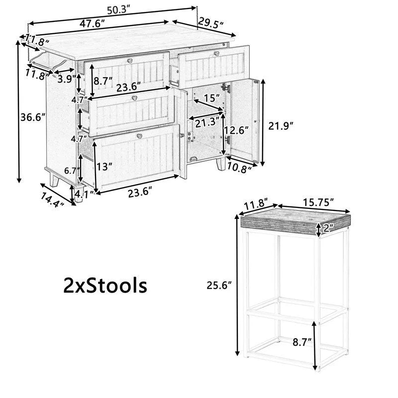Ensemble d'îlot de cuisine style ferme avec table à abattant, deux sièges, armoire de rangement, tiroirs et porte-serviettes