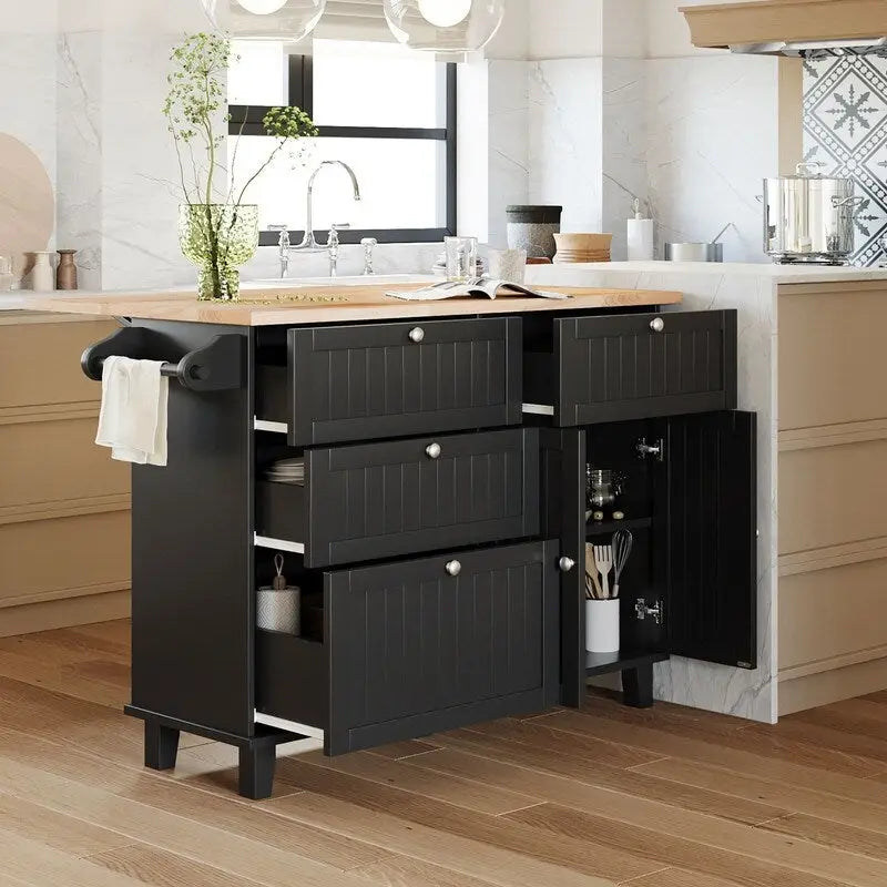 Ensemble d'îlot de cuisine style ferme avec table à abattant, deux sièges, armoire de rangement, tiroirs et porte-serviettes