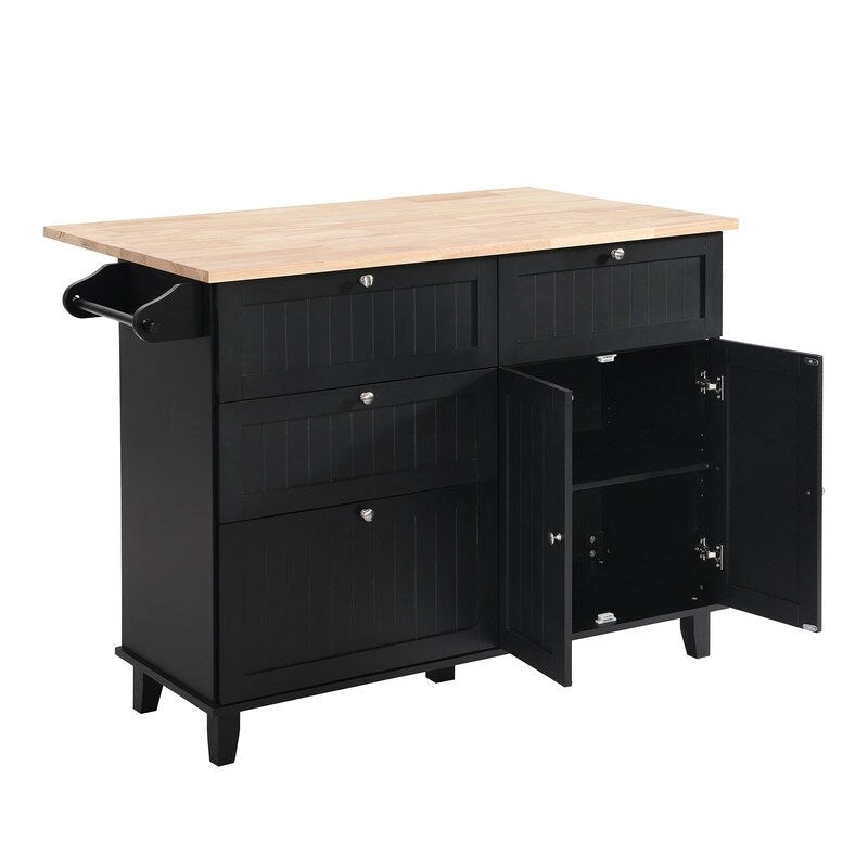 Ensemble d'îlot de cuisine style ferme avec table à abattant, deux sièges, armoire de rangement, tiroirs et porte-serviettes
