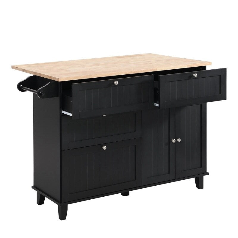 Ensemble d'îlot de cuisine style ferme avec table à abattant, deux sièges, armoire de rangement, tiroirs et porte-serviettes