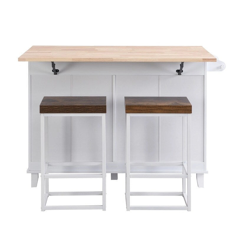 Ensemble d'îlot de cuisine style ferme avec table à abattant, deux sièges, armoire de rangement, tiroirs et porte-serviettes