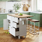 Ensemble d'îlot de cuisine style ferme avec table à abattant, deux sièges, armoire de rangement, tiroirs et porte-serviettes