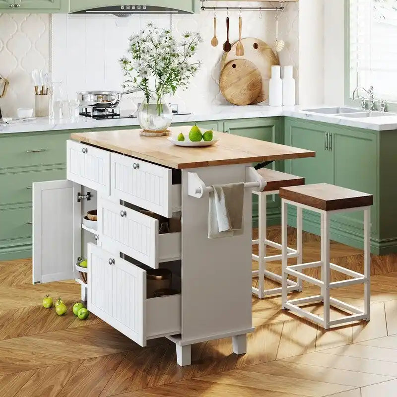 Ensemble d'îlot de cuisine style ferme avec table à abattant, deux sièges, armoire de rangement, tiroirs et porte-serviettes