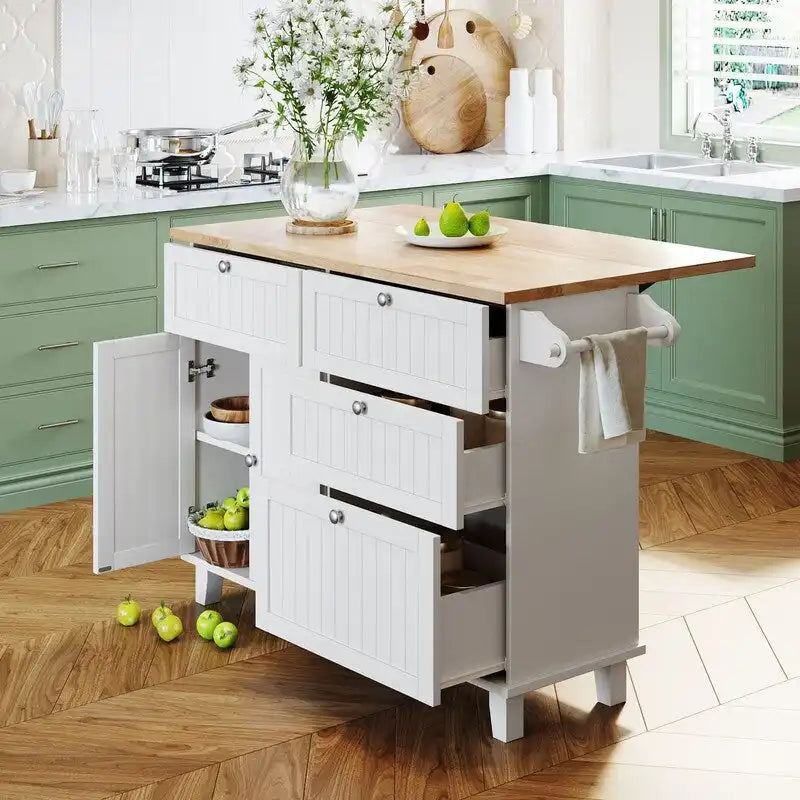 Ensemble d'îlot de cuisine style ferme avec table à abattant, deux sièges, armoire de rangement, tiroirs et porte-serviettes