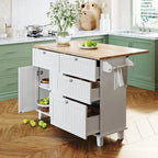 Ensemble d'îlot de cuisine style ferme avec table à abattant, deux sièges, armoire de rangement, tiroirs et porte-serviettes
