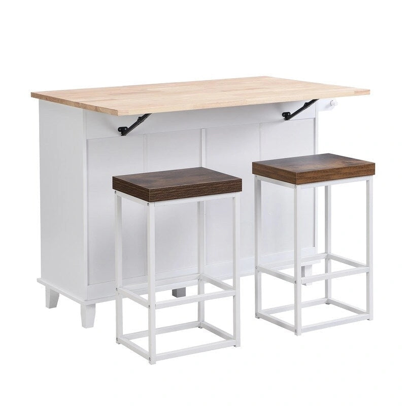 Ensemble d'îlot de cuisine style ferme avec table à abattant, deux sièges, armoire de rangement, tiroirs et porte-serviettes