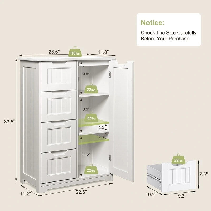 Meuble de rangement de cuisine de 33 pouces, armoire de rangement de salle de bain en bois autoportante avec 4 tiroirs pour la cuisine et la salle à manger