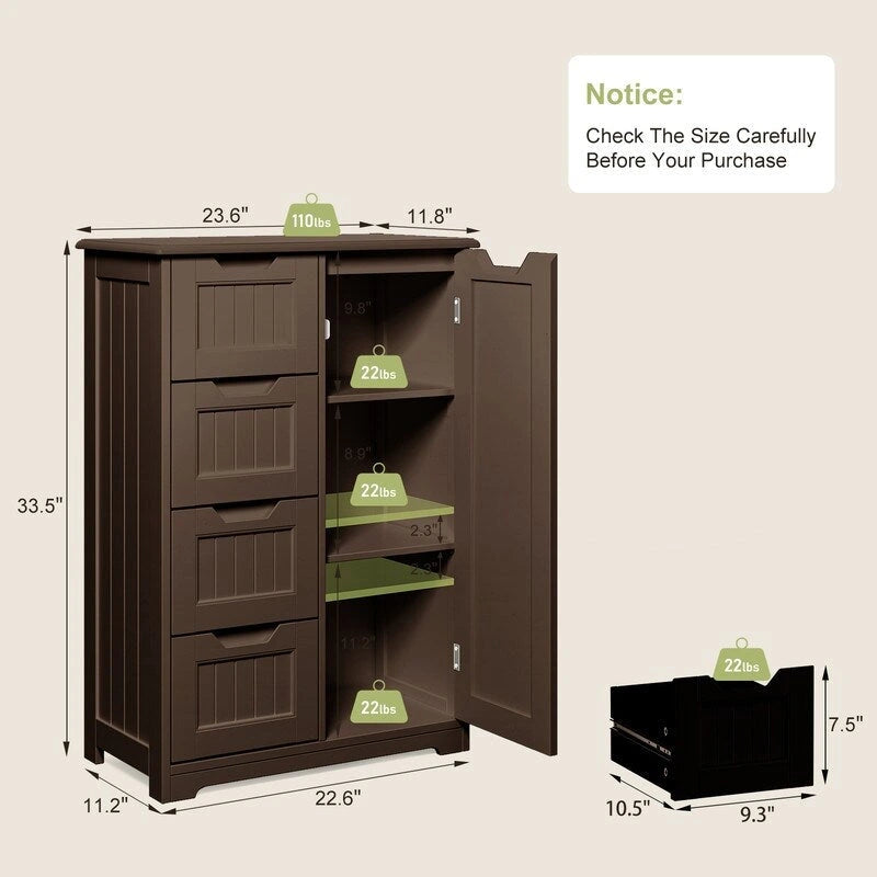 Meuble de rangement de cuisine de 33 pouces, armoire de rangement de salle de bain en bois autoportante avec 4 tiroirs pour la cuisine et la salle à manger