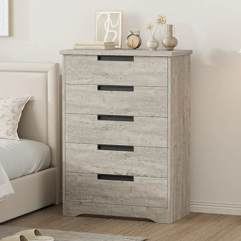 Commode 5 tiroirs naturelle pour chambre à coucher, salon, chambre d'enfant