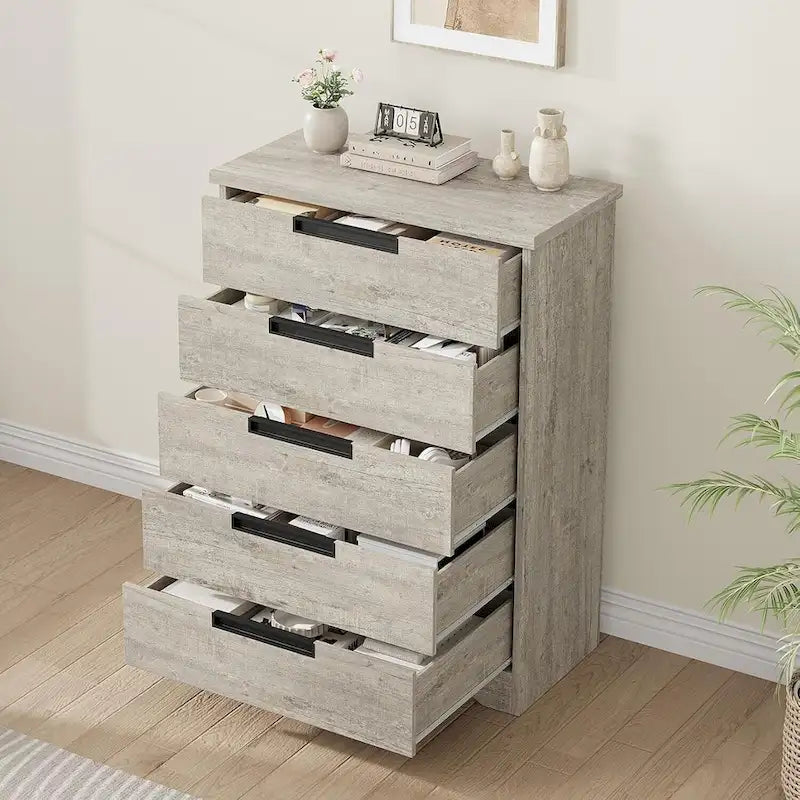 Commode 5 tiroirs naturelle pour chambre à coucher, salon, chambre d'enfant