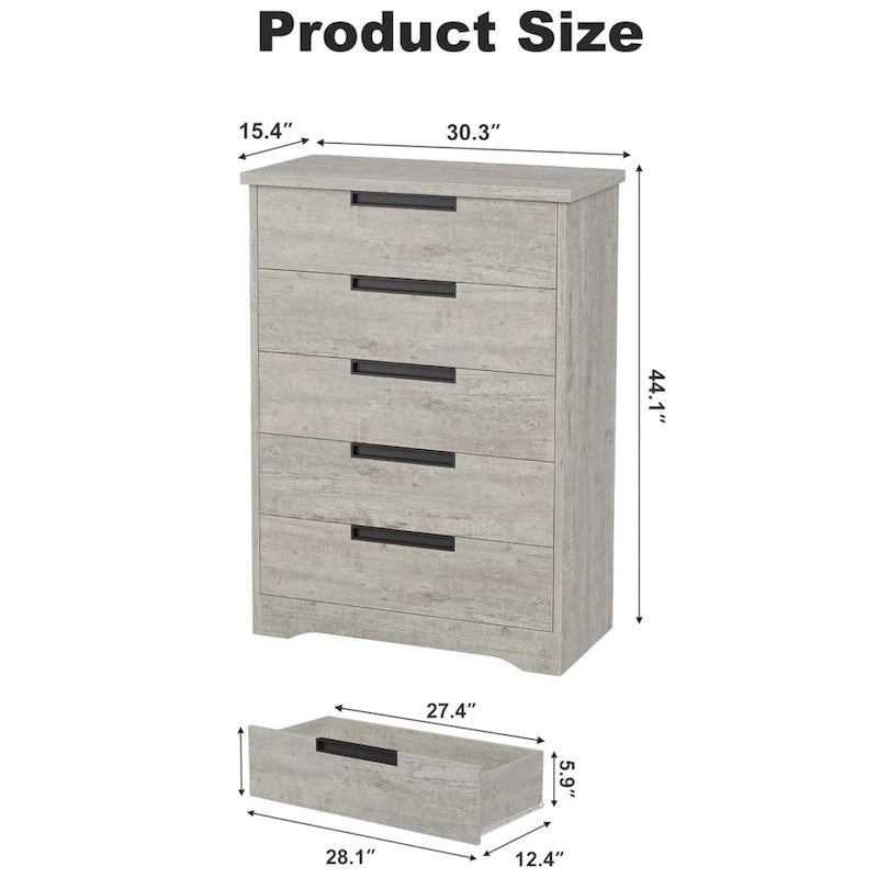 Commode 5 tiroirs naturelle pour chambre à coucher, salon, chambre d'enfant