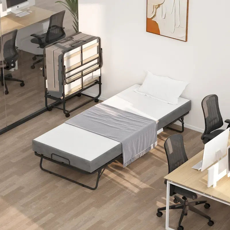 Lit pliant avec matelas, lit d'appoint portable à roulettes avec matelas en mousse à mémoire de forme