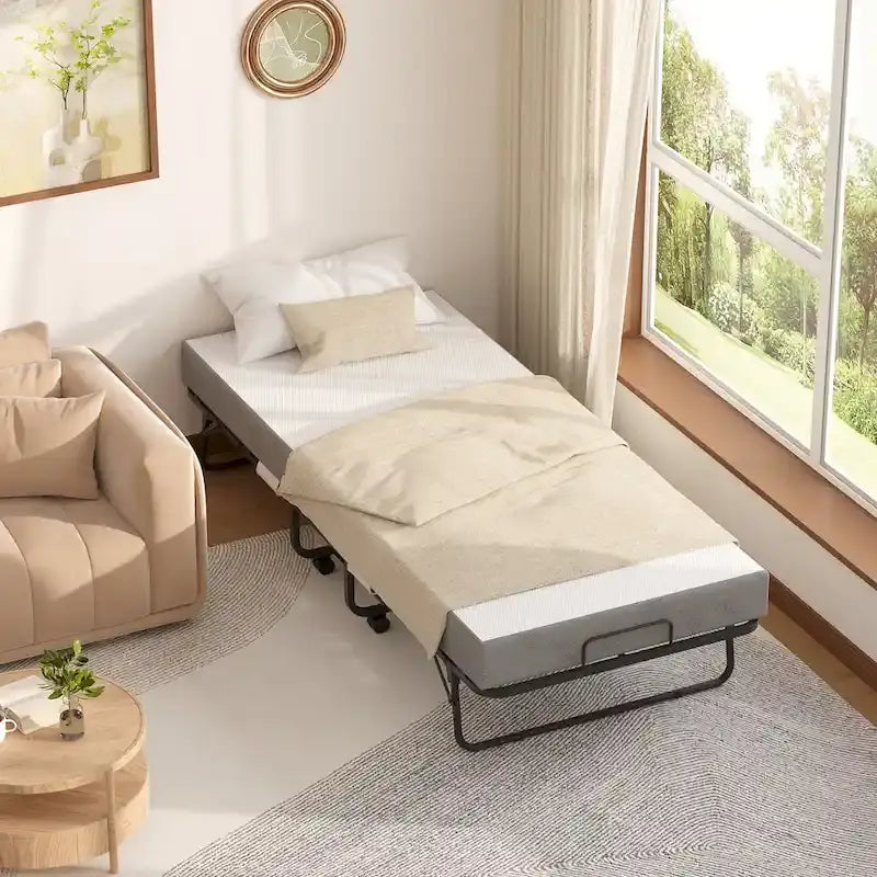 Lit pliant avec matelas, lit d'appoint portable à roulettes avec matelas en mousse à mémoire de forme