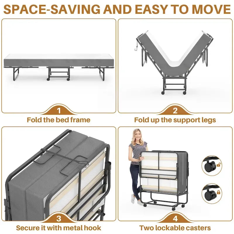 Lit pliant avec matelas, lit d'appoint portable à roulettes avec matelas en mousse à mémoire de forme