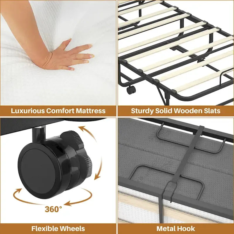 Lit pliant avec matelas, lit d'appoint portable à roulettes avec matelas en mousse à mémoire de forme