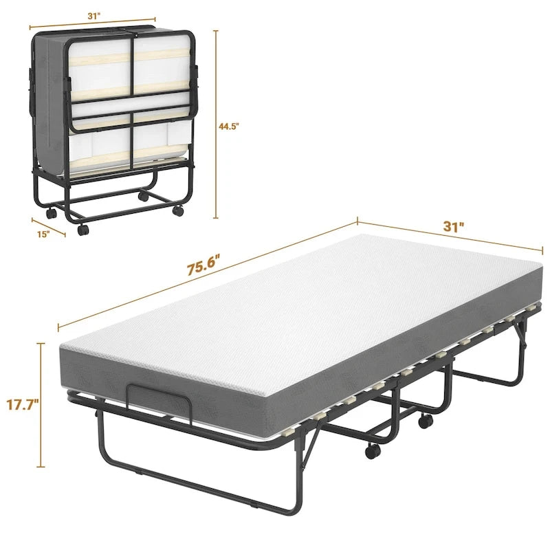 Lit pliant avec matelas, lit d'appoint portable à roulettes avec matelas en mousse à mémoire de forme