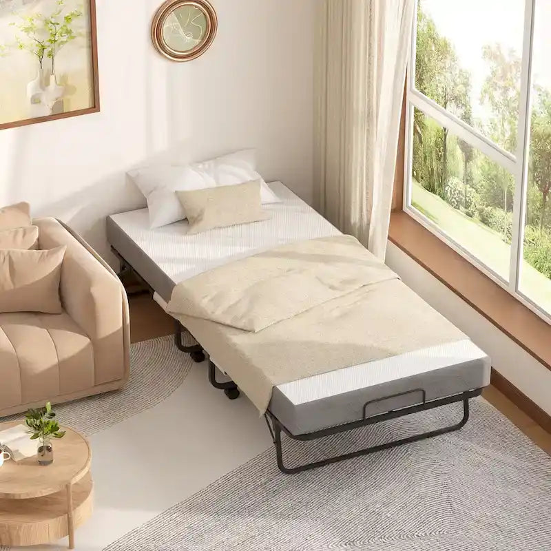 Lit pliant avec matelas, lit d'appoint portable à roulettes avec matelas en mousse à mémoire de forme
