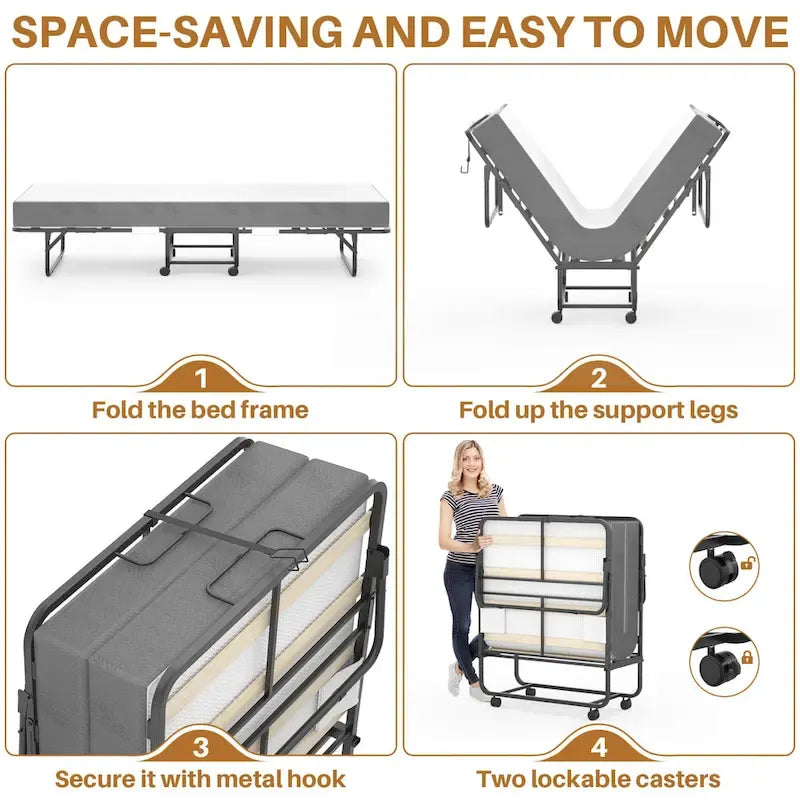 Lit pliant avec matelas, lit d'appoint portable à roulettes avec matelas en mousse à mémoire de forme