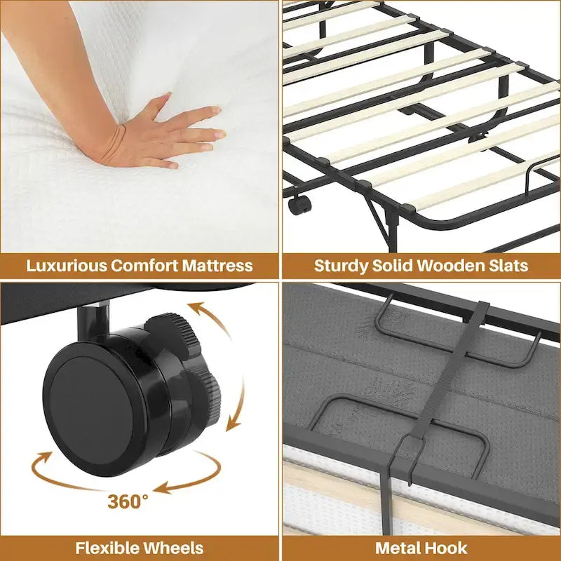 Lit pliant avec matelas, lit d'appoint portable à roulettes avec matelas en mousse à mémoire de forme