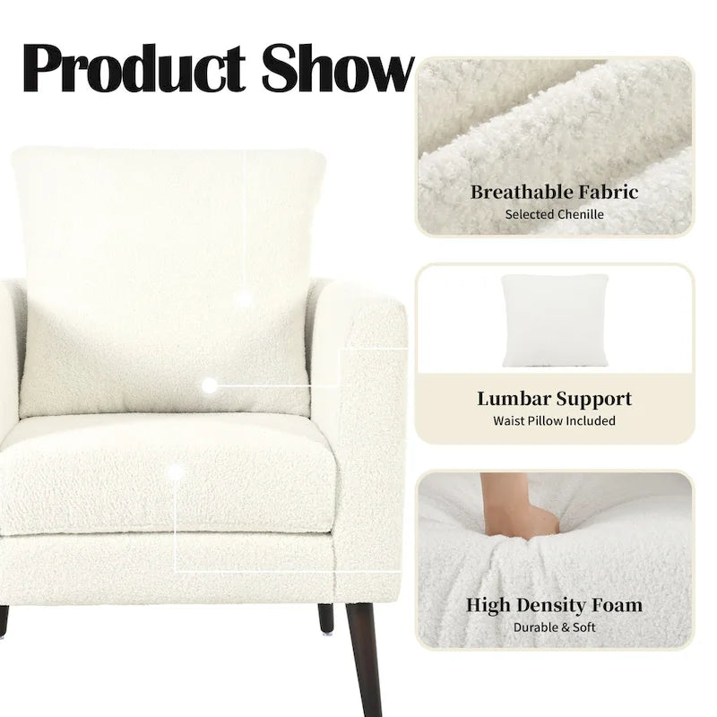 Fauteuil d'appoint paresseux pour salon, fauteuil cabriolet en tissu polaire avec pieds en bois massif pour salon, chambre ou bureau