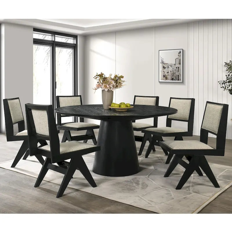 Ensemble de salle à manger rond moderne 7 pièces Evrena de 59 po en bois massif noir Furniture of America