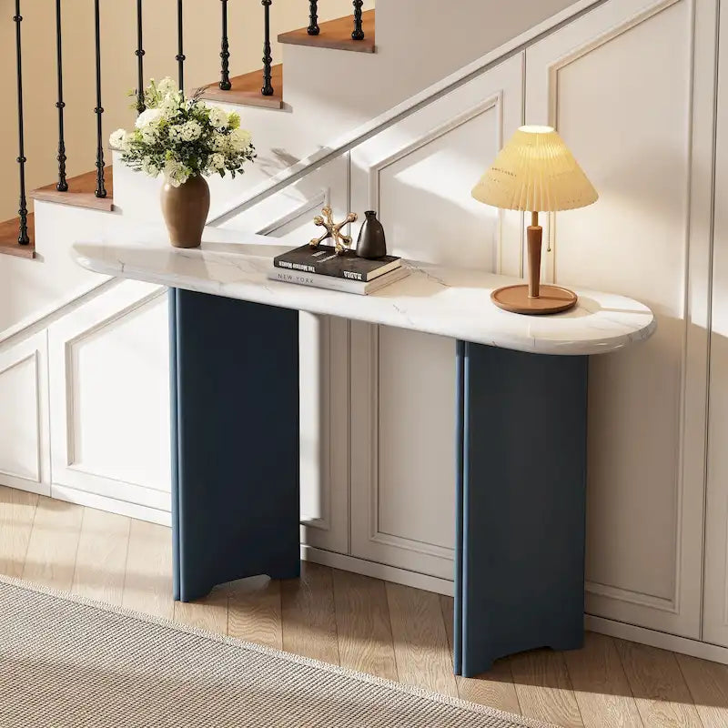 Console de table d'entrée ovale en faux marbre, table d'appoint étroite pour canapé avec base triangulaire