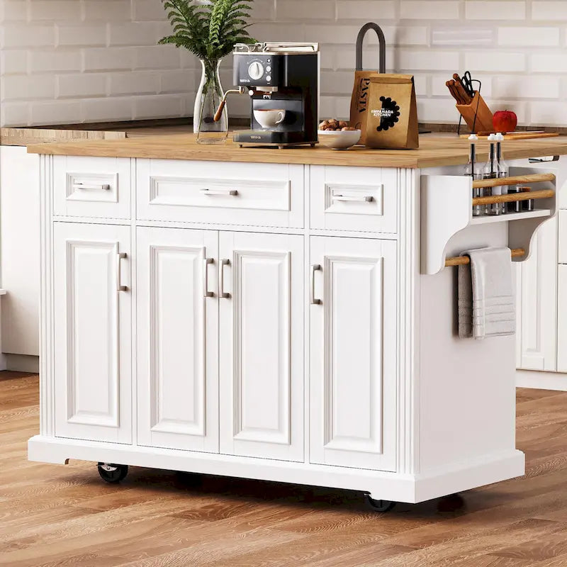 Îlot de cuisine roulant rustique blanc 54" avec abattant