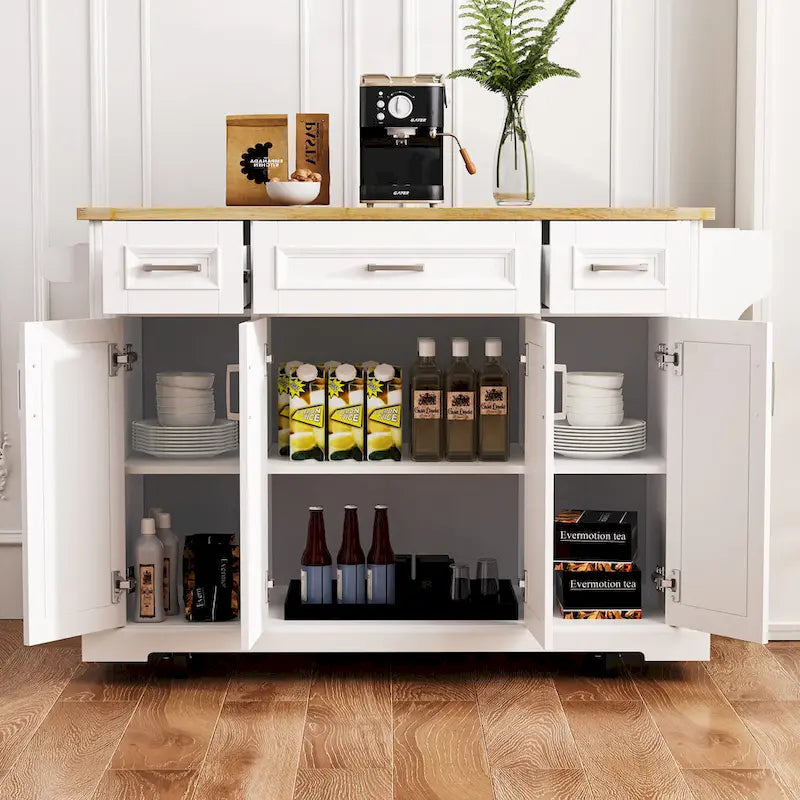 Îlot de cuisine roulant rustique blanc 54" avec abattant
