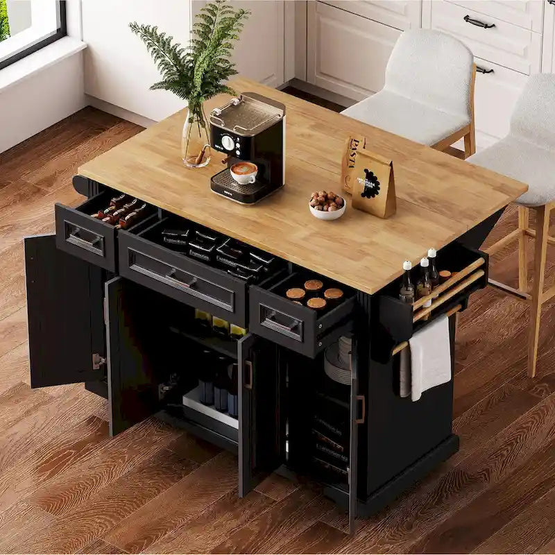 Îlot de cuisine roulant rustique blanc 54" avec abattant