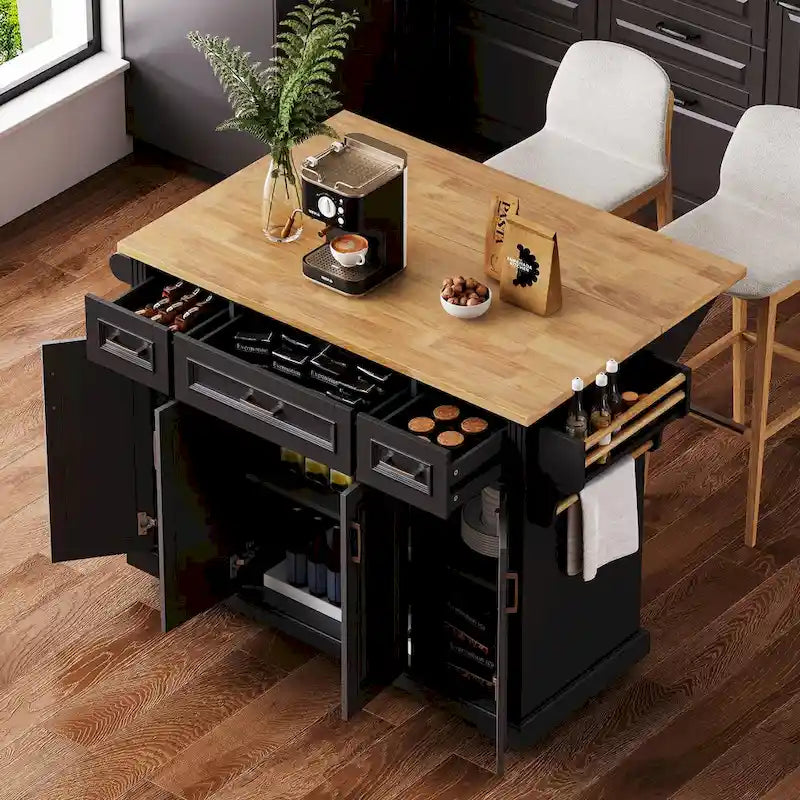 Îlot de cuisine roulant rustique blanc 54" avec abattant
