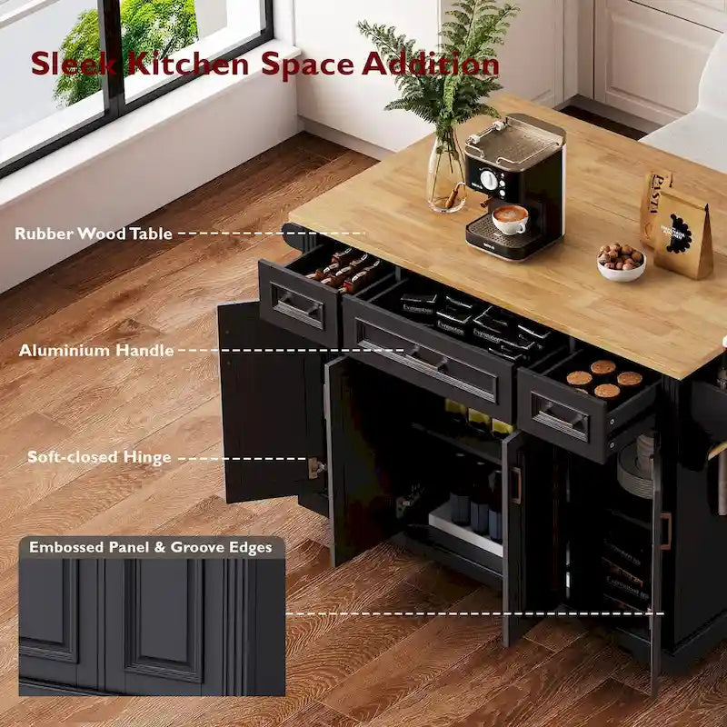 Îlot de cuisine roulant rustique blanc 54" avec abattant