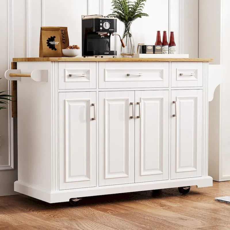 Îlot de cuisine roulant rustique blanc 54" avec abattant