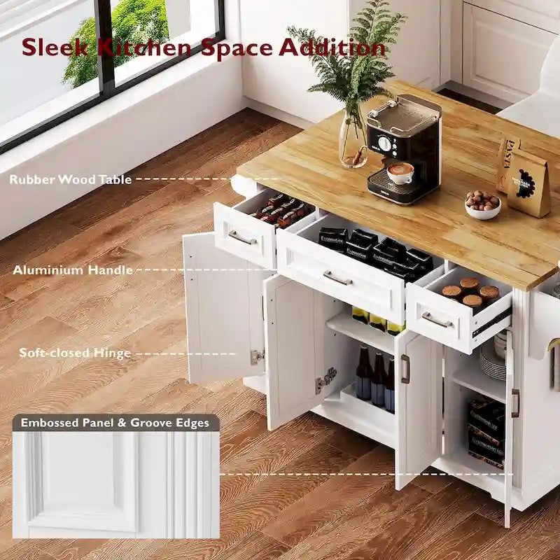 Îlot de cuisine roulant rustique blanc 54" avec abattant