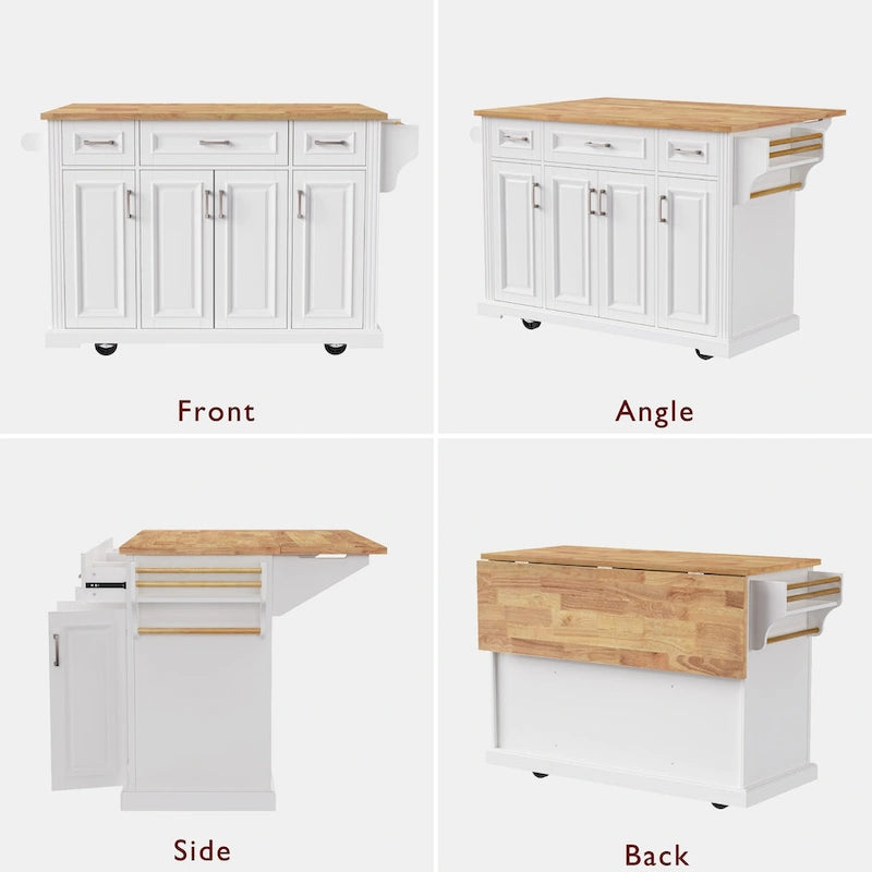 Îlot de cuisine roulant rustique blanc 54" avec abattant