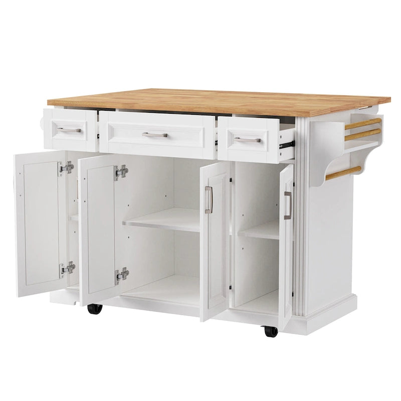 Îlot de cuisine roulant rustique blanc 54" avec abattant