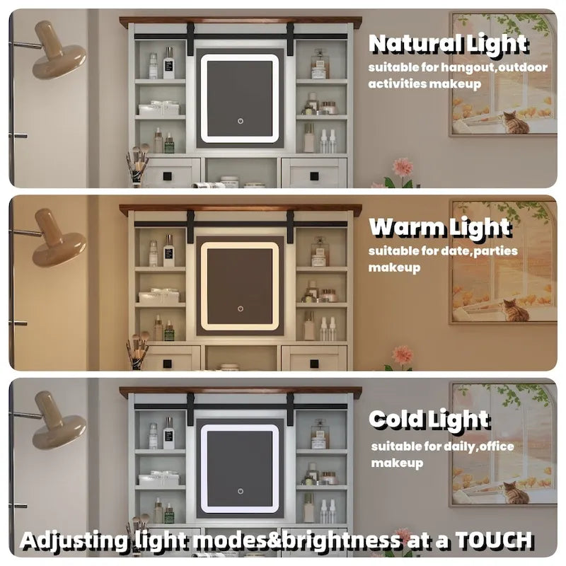 46.5 Coiffeuse de ferme avec miroir lumineux LED réglable et station de recharge pour chambre à coucher