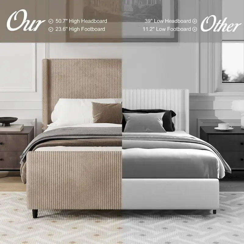 Lit plateforme à oreilles en velours côtelé taupe / crème, tête de lit à rayures verticales, pour 2 – Grand lit / Très grand lit
