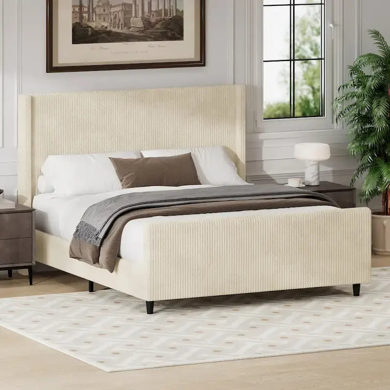 Lit plateforme à oreilles en velours côtelé taupe / crème, tête de lit à rayures verticales, pour 2 – Grand lit / Très grand lit