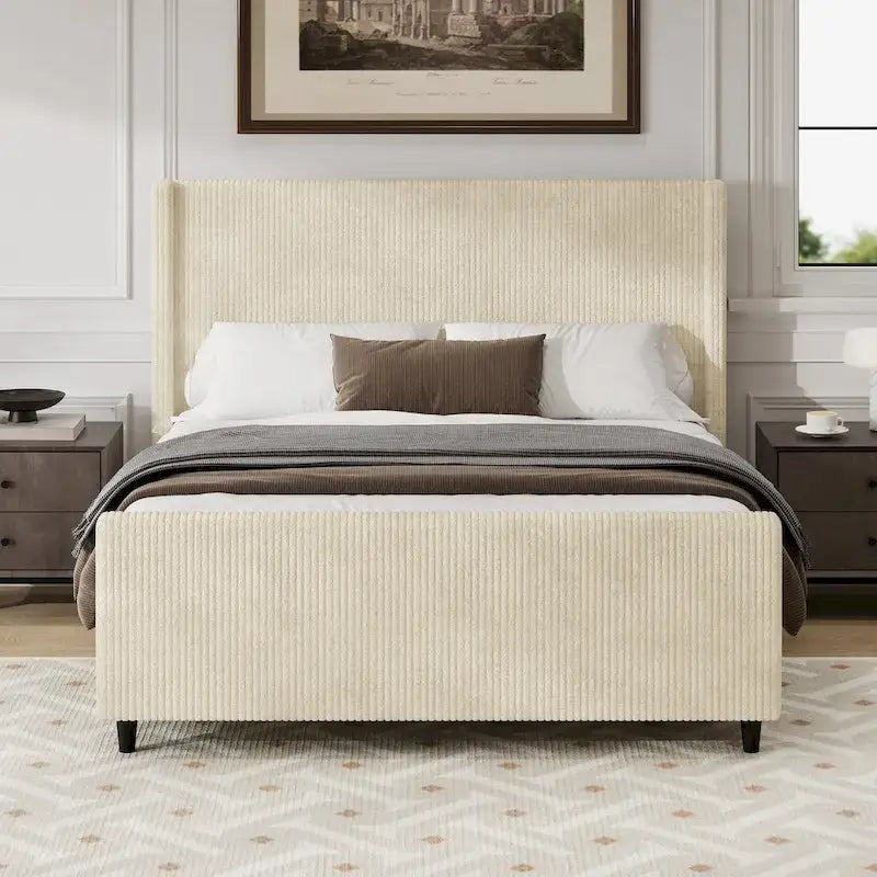 Lit plateforme à oreilles en velours côtelé taupe / crème, tête de lit à rayures verticales, pour 2 – Grand lit / Très grand lit