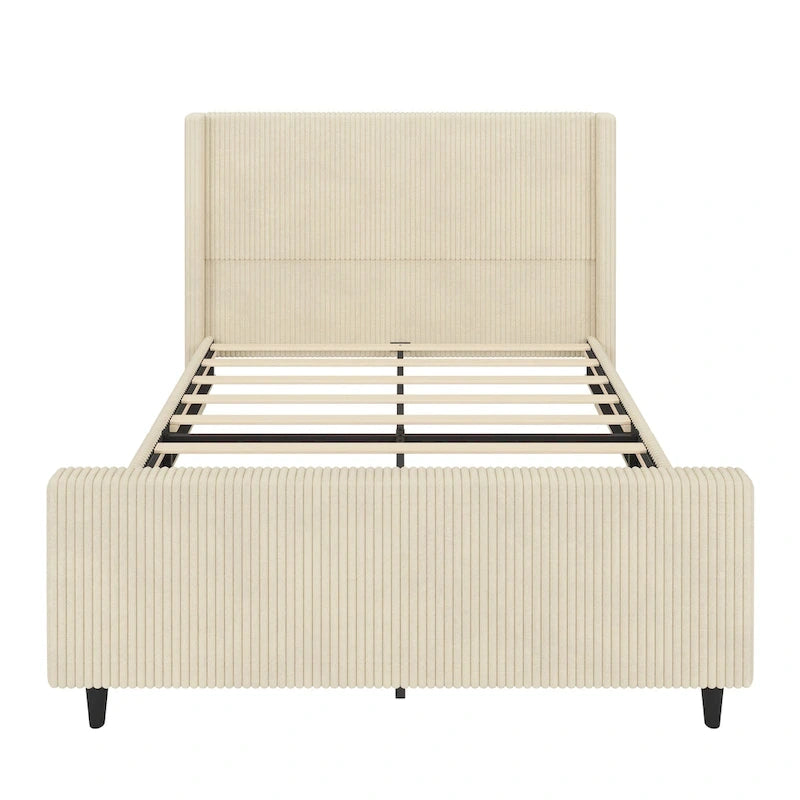 Lit plateforme à oreilles en velours côtelé taupe / crème, tête de lit à rayures verticales, pour 2 – Grand lit / Très grand lit