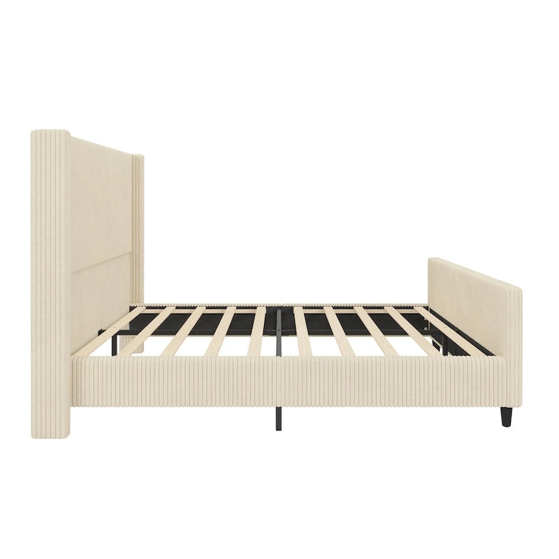 Lit plateforme à oreilles en velours côtelé taupe / crème, tête de lit à rayures verticales, pour 2 – Grand lit / Très grand lit